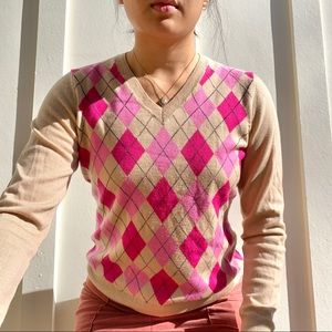tan and pink argyle sweater
